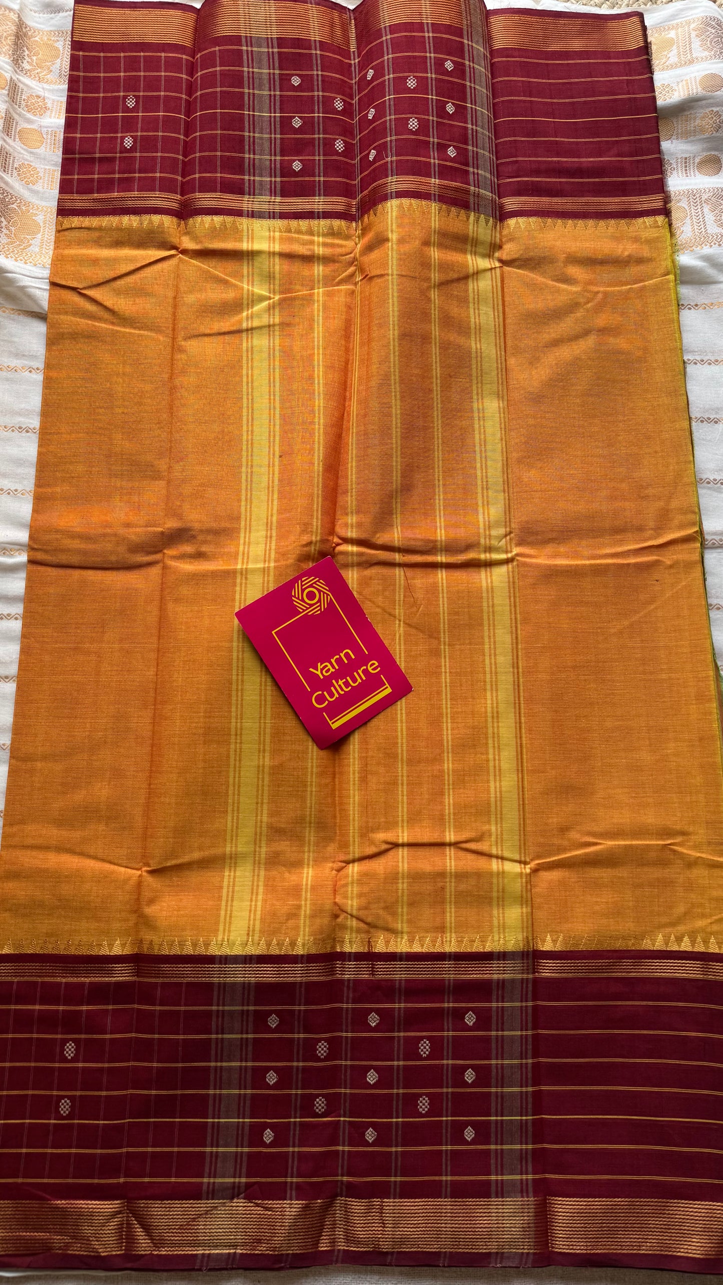 Orange and dark red contrast, Chettinad cotton saree with checkered border - YCCOTNMA268