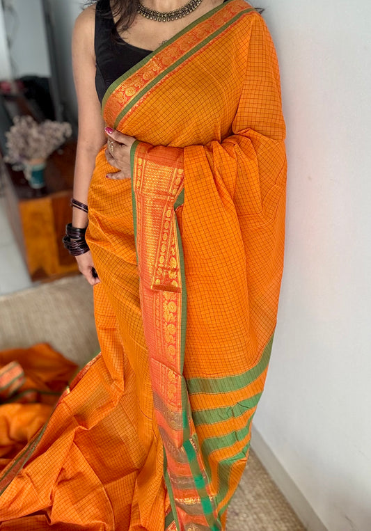 Yellowish orange checks with zari border, premium narayanpet, soft cotton - YCWOTDOCNP02