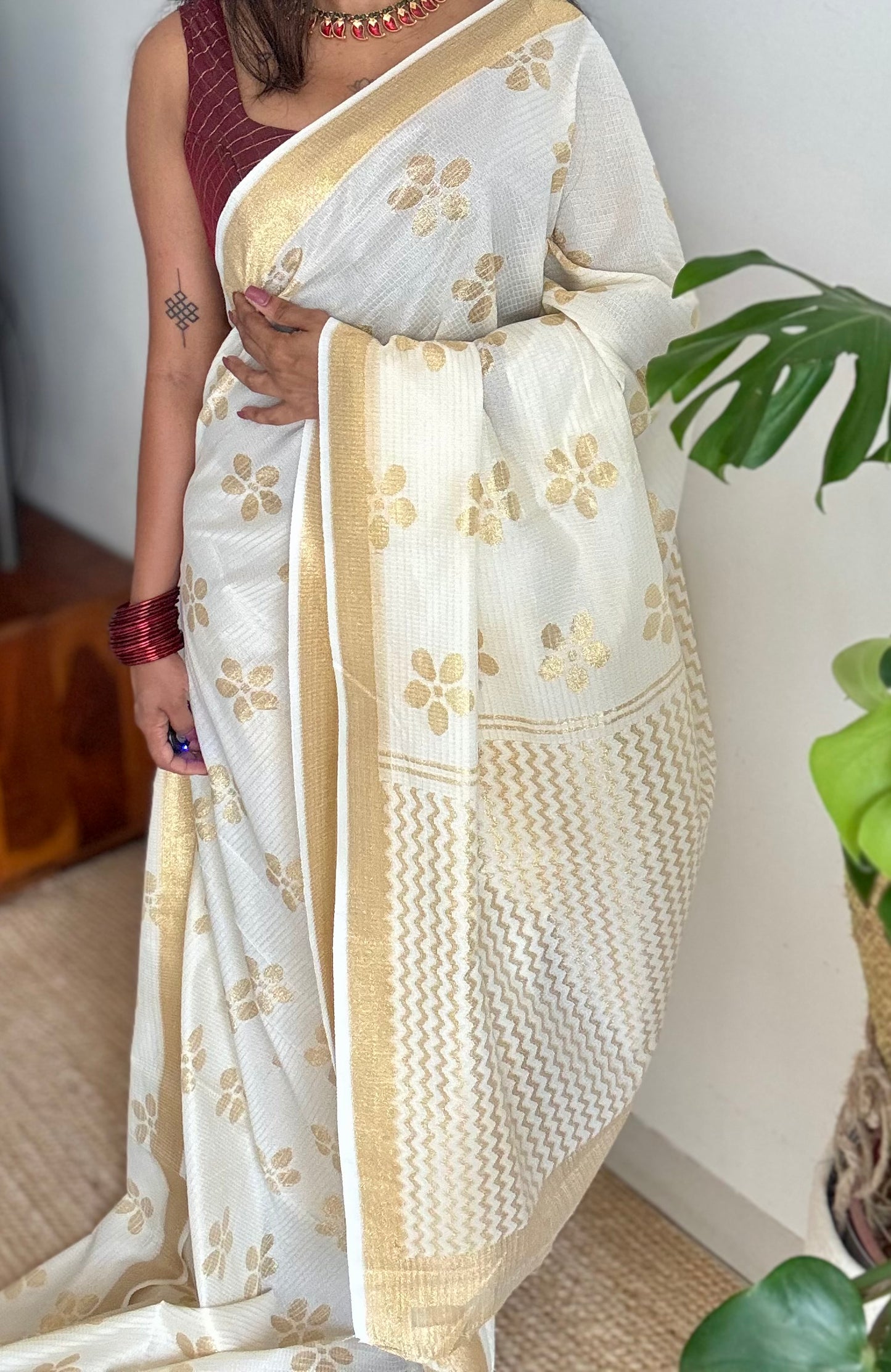 Ivory and gold soft net cotton saree, gold floral prints - YCIEON64