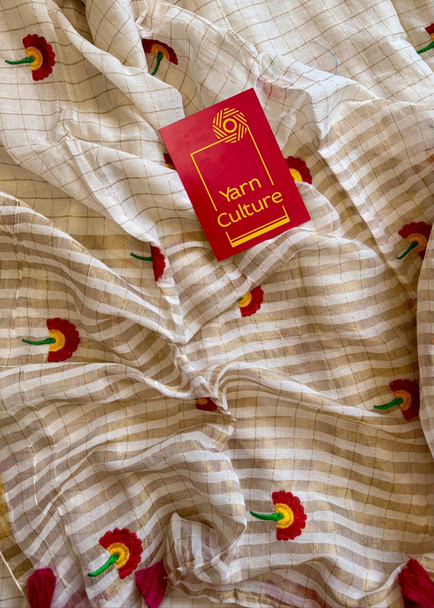Ivory mul saree, checkered with floral embroidery - YCIEON28