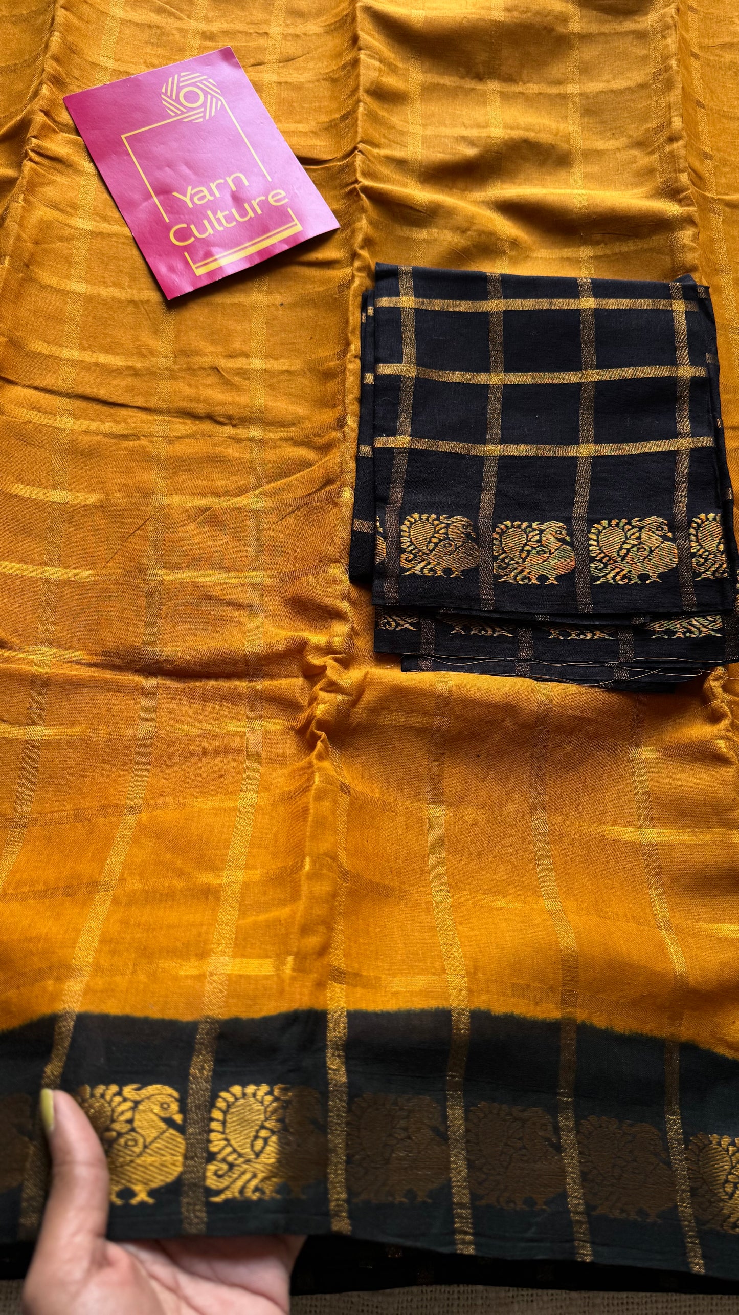 Turmeric yellow with black pavithra kattam sungudi, madurai cotton - YCCOTNSUDE75