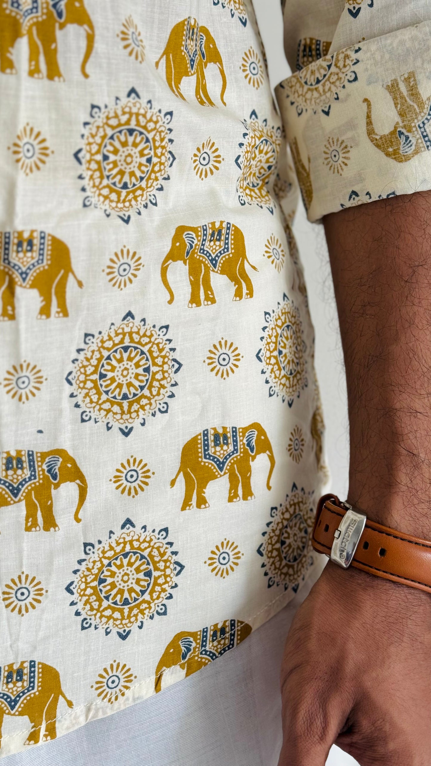 Ivory Elephant Motif Block Printed Cotton Men's Full Sleeve Collared Shirt - YCMSEIE205