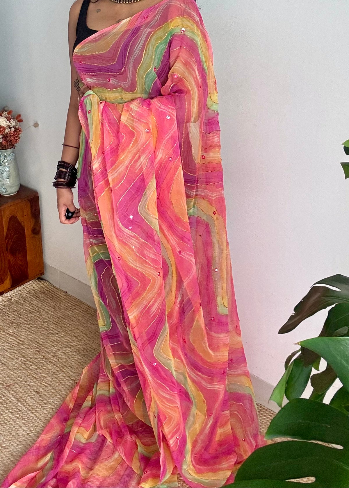 Pink multicoloured leheriya chiffon saree with mirror work  - YCTORLOC98