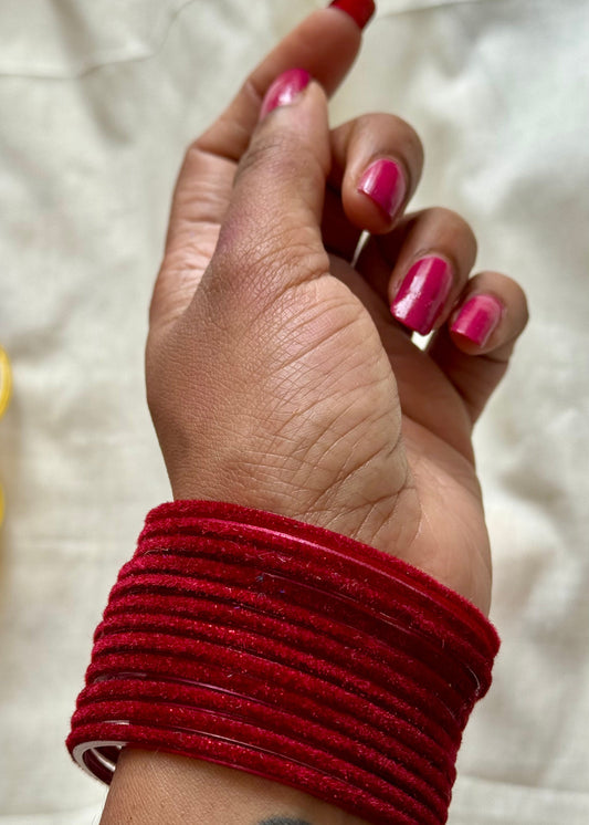 Maroon velvet glass bangles, set of 12 - YCBANGL357