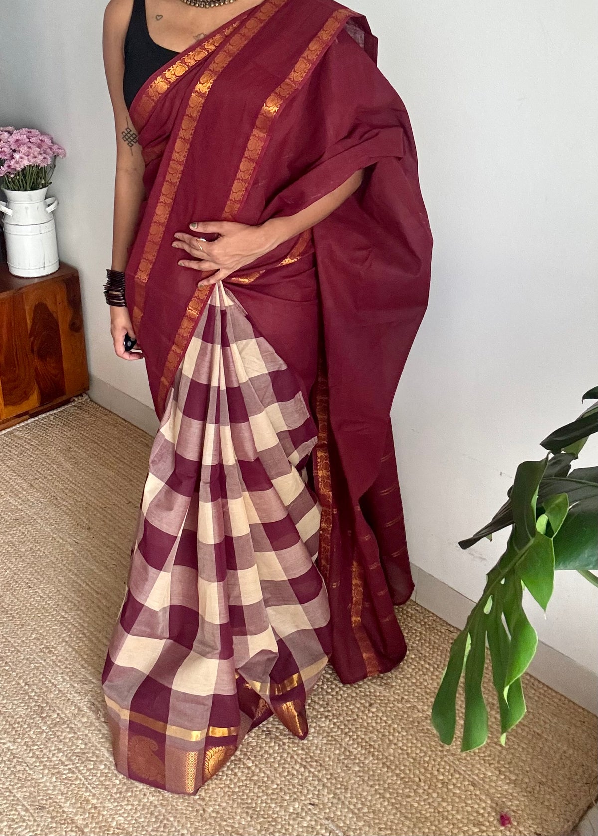 Maroon with multicoloured checks, cotton half and half saree - YCCOTNIDOC126