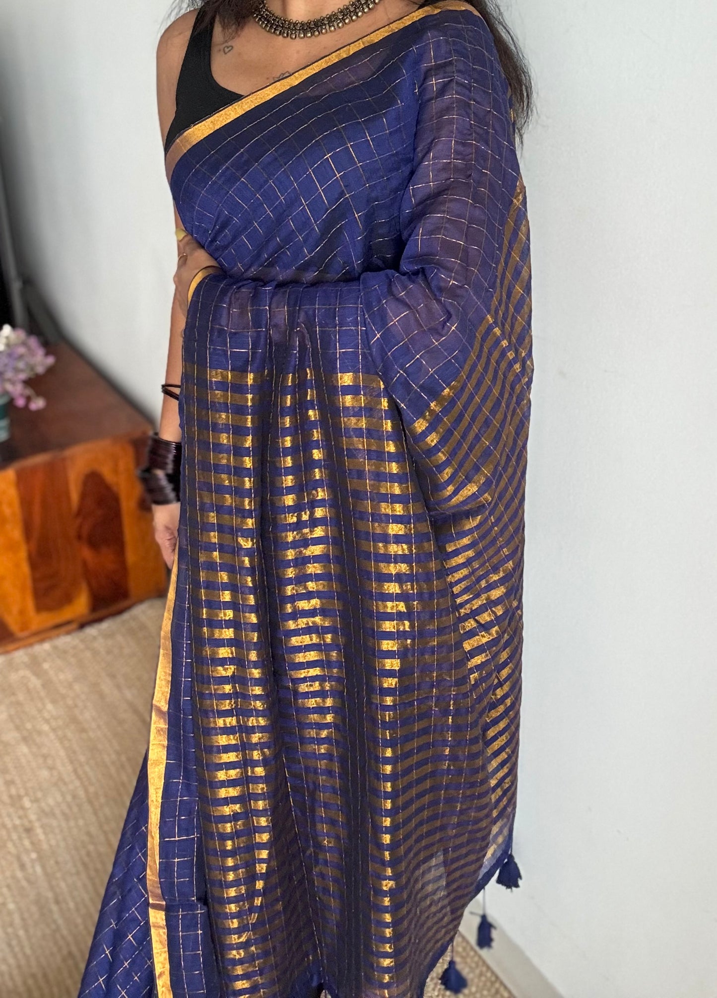 Dark blue mul with gold checks and zari border - YCBCMCJA04