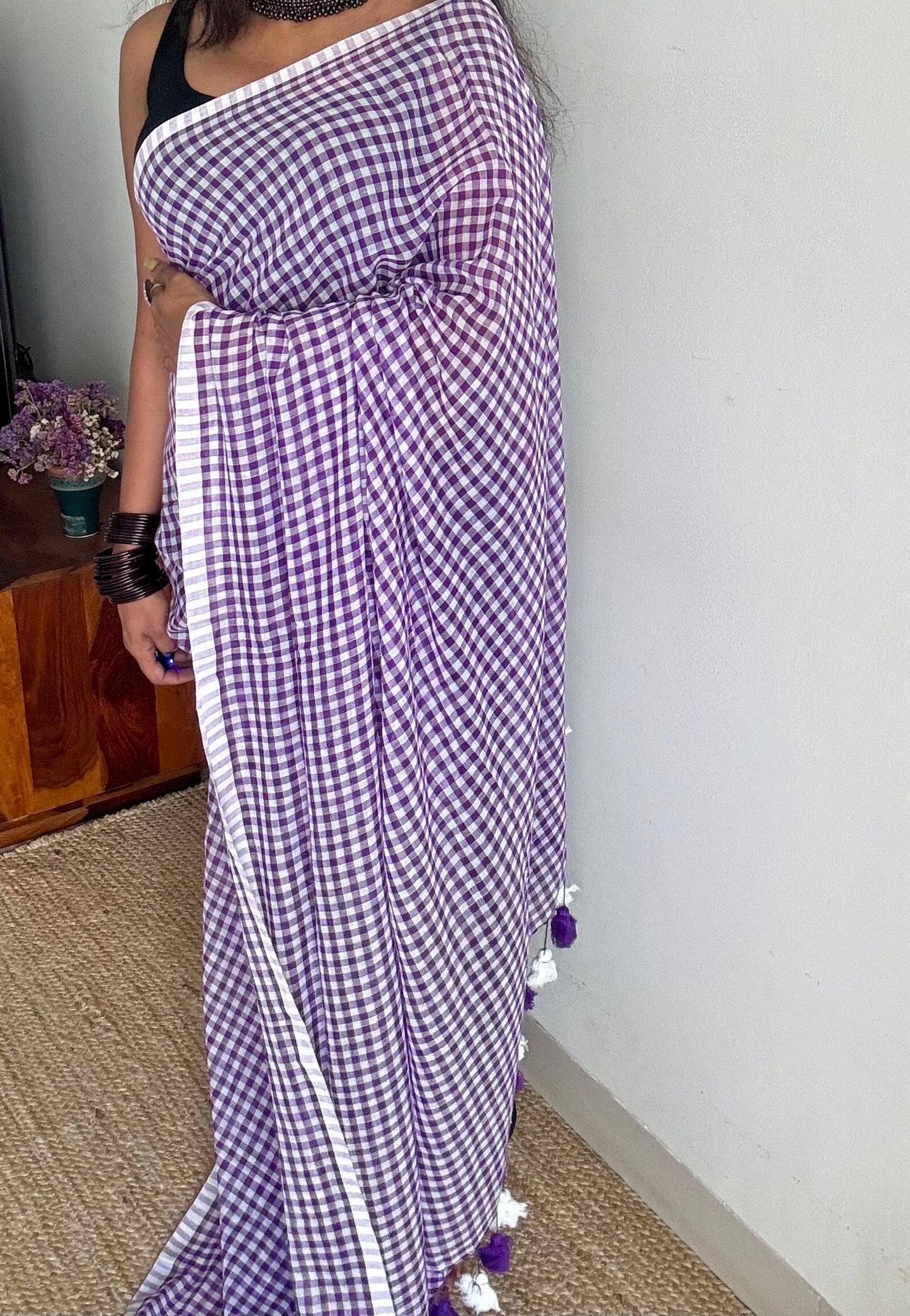 Purple and white checkered mul cotton saree  - YCBCMCCMA32