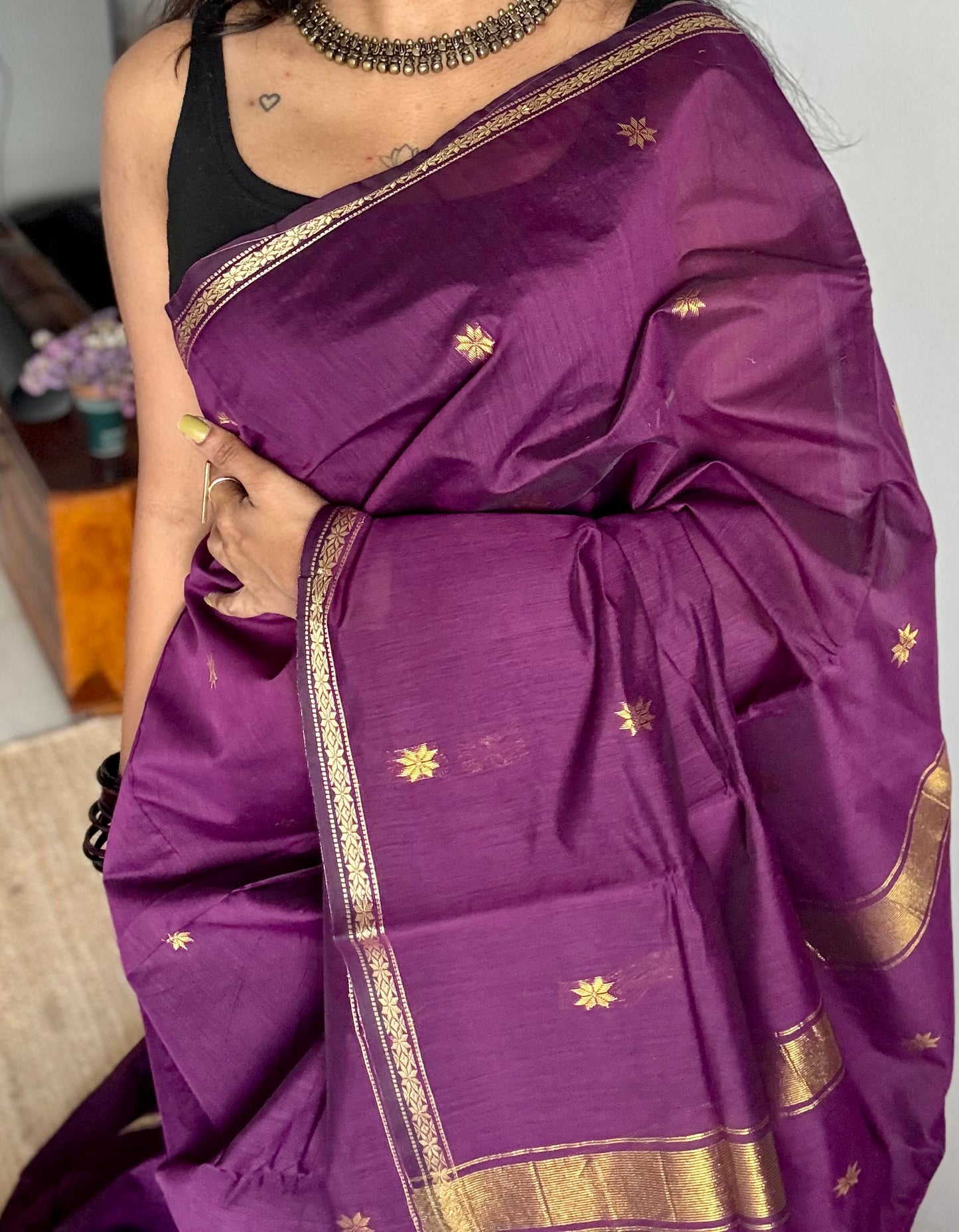 Grape wine, gold buttas, semi maheshwari cotton silk - YCCOTNCSDE87