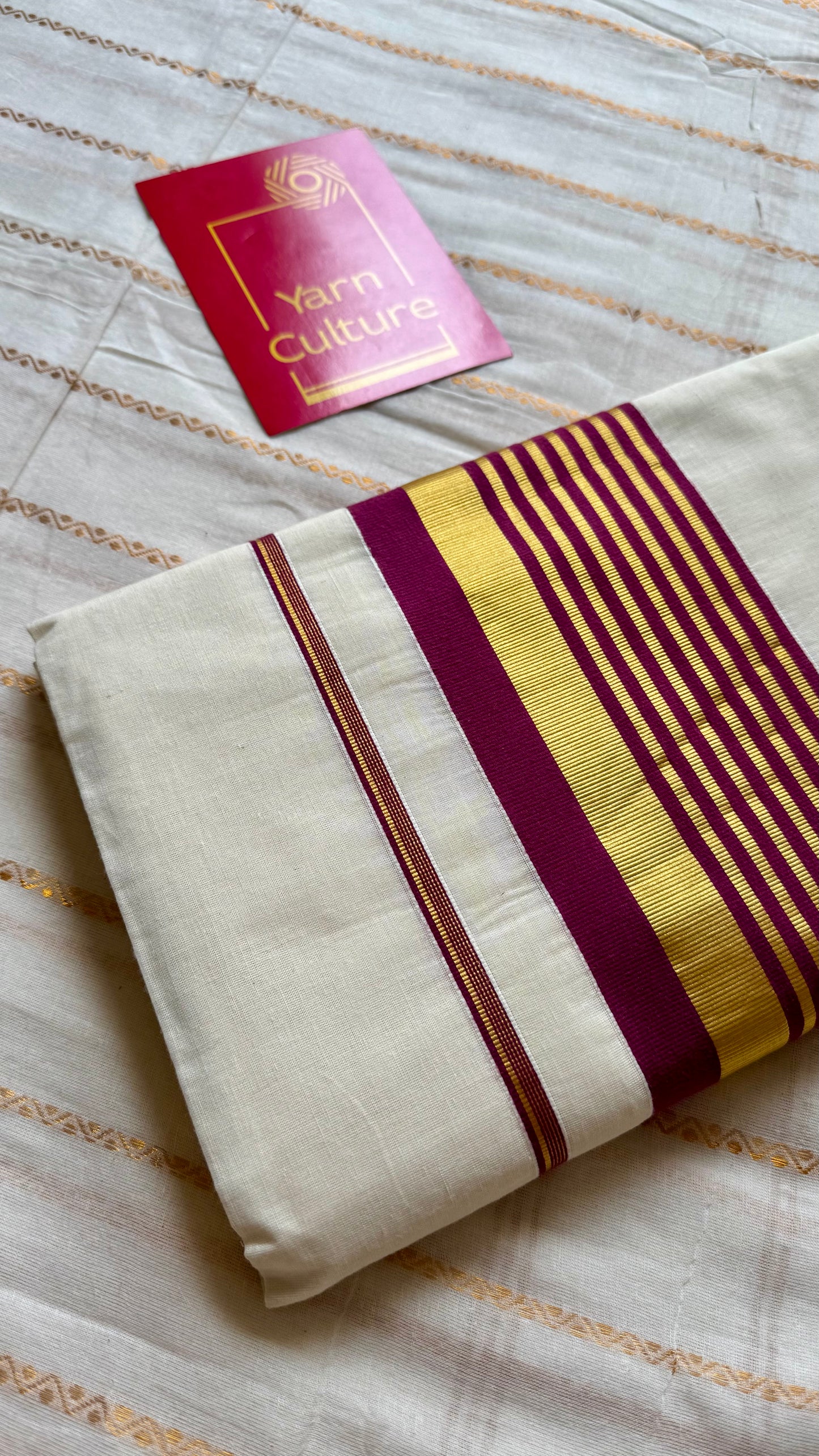 Ivory and gold soft cotton saree, purple border - YCIEON76