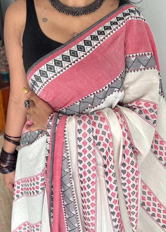 Pure Dhaniakhali tant in white, red and black patterened border - YCBCDP23