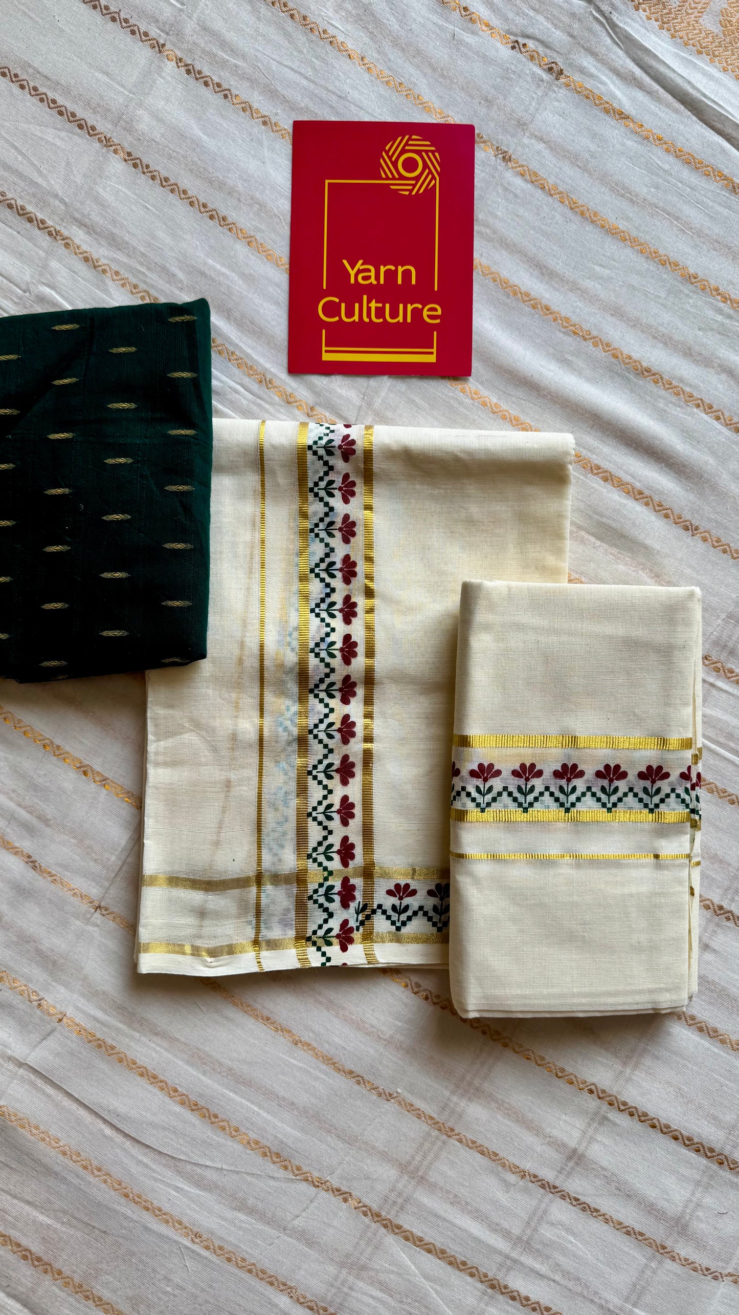 Set mund, maroon and green flowers, gold kasavu gap border - YCIEON107
