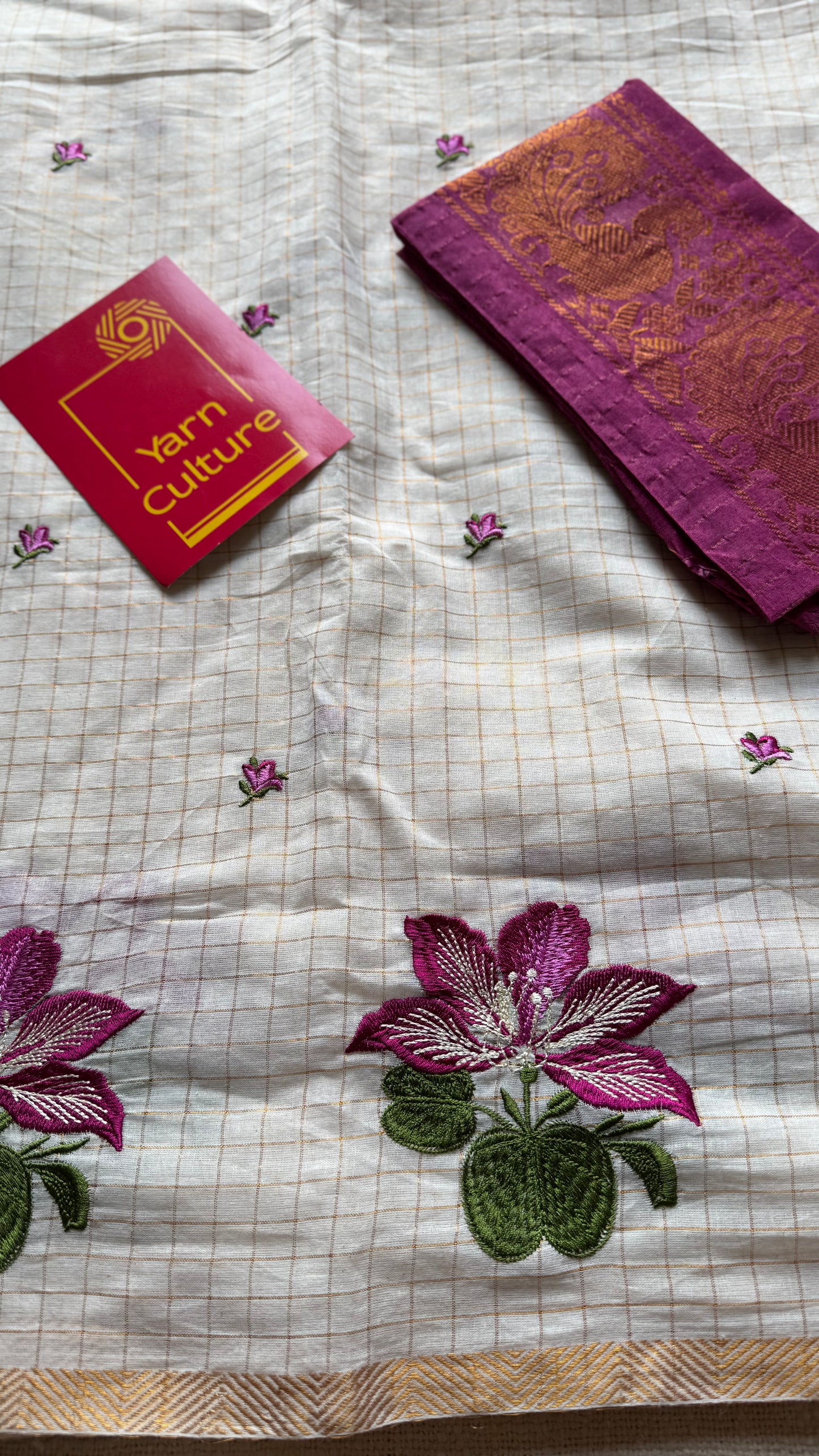 Sruthi : Mandaram - purple pink floral embroidery, ivory & gold, soft cotton in mini checks - YCIEON166
