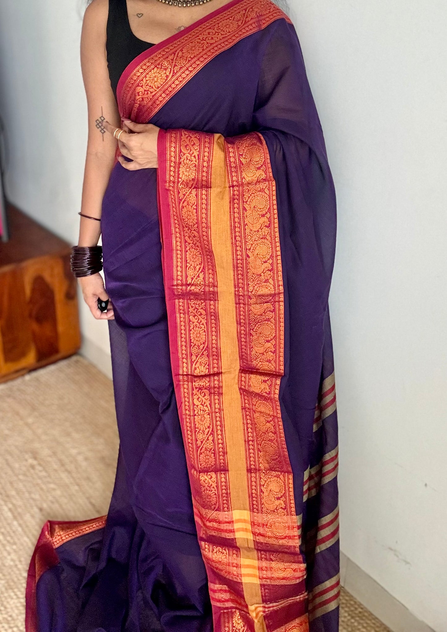 Purple with dark pink wide border, narayanpet soft cotton saree - YCWOTDAUG07