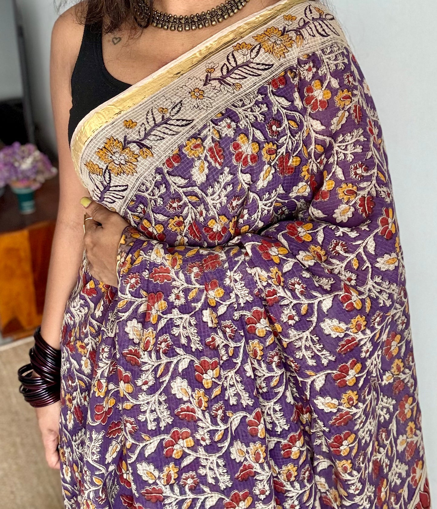 Purple cream red kalamkari saree in kota, with zari border - YCWOTDKKFE18