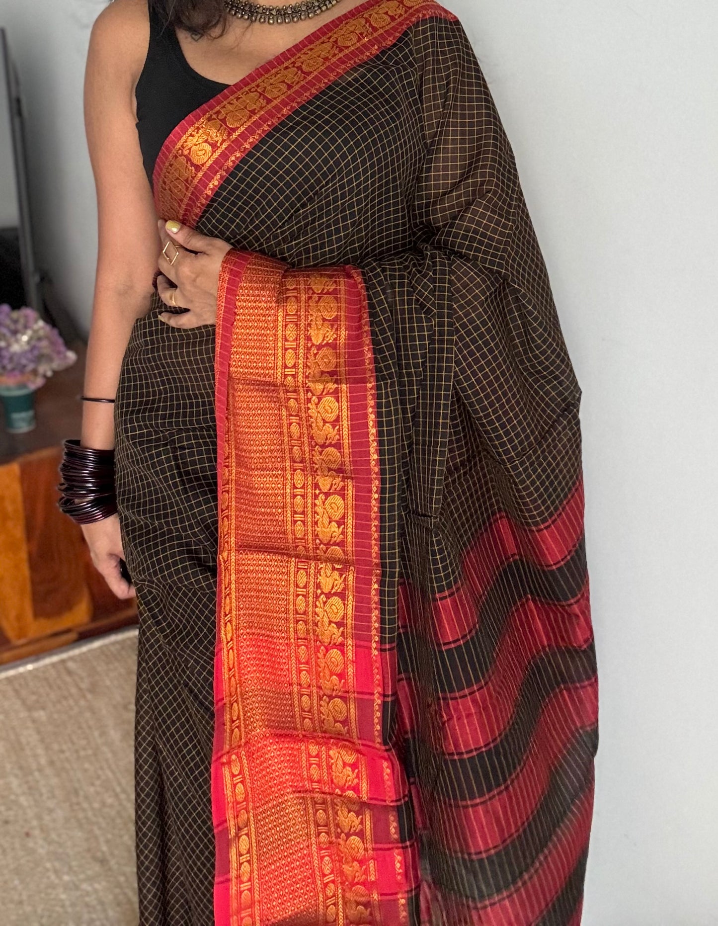 Black checks with red zari border, premium narayanpet, soft cotton - YCWOTDNPCFE20