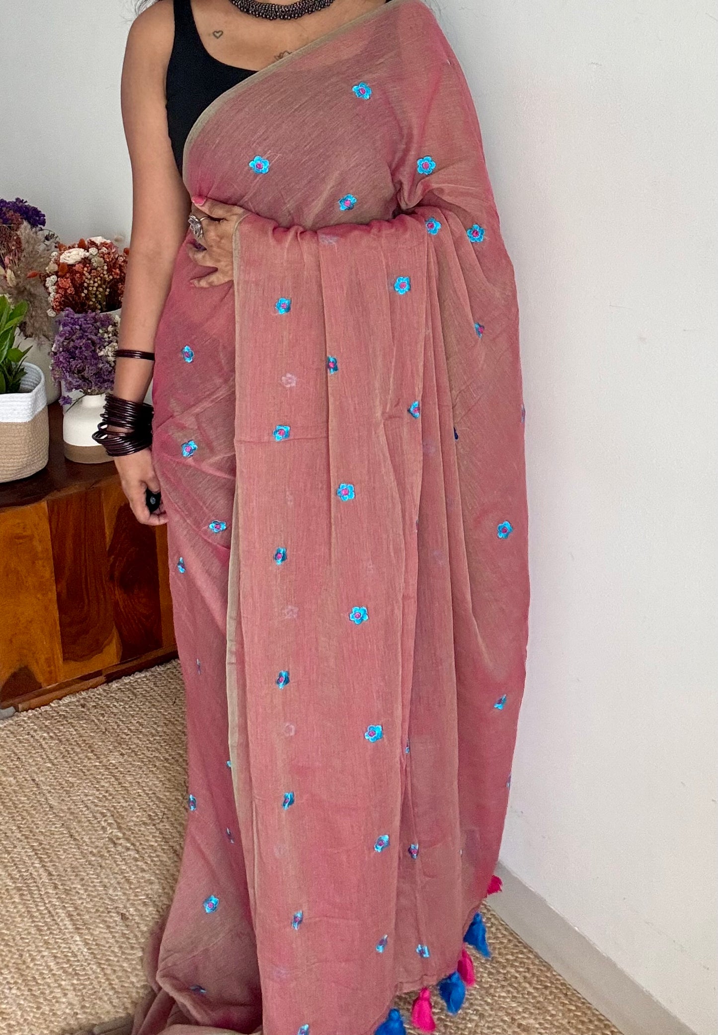 Dusty pink with grey dual tone, blue floral embroidered mul cotton saree  - YCBCMCAP44