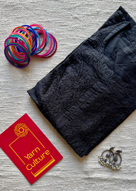 Black muslin chanderi chikankari with bakhiya work, stitched kurta, round neck, three fourth sleeves - YCSECKJA120