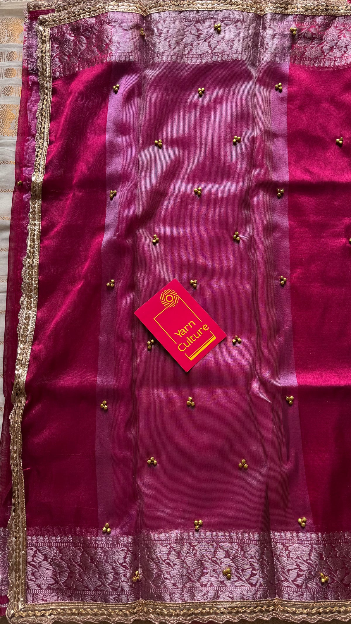 Raspberry pink silver tissue Banarasi saree with lace zari border - YCBLTOC68