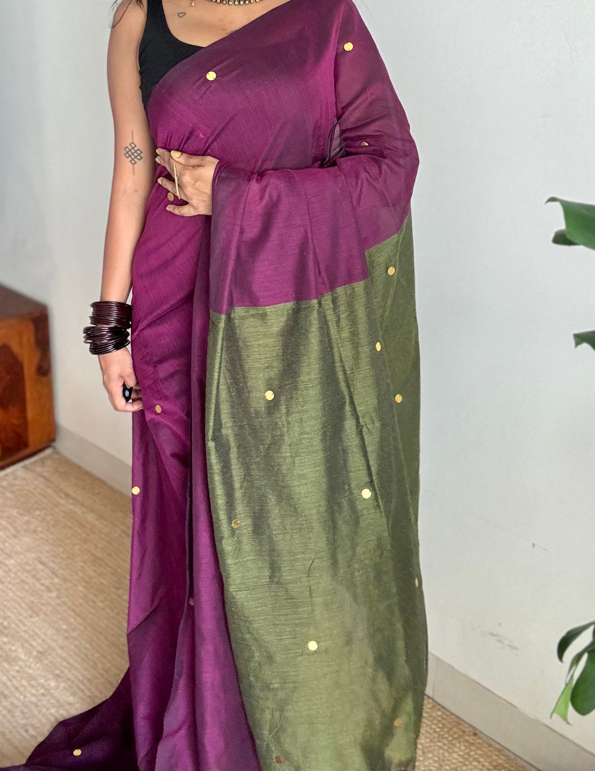 Wine with olive green contrast pallu, gini sequins, soft cotton saree - YCBCSCOC06
