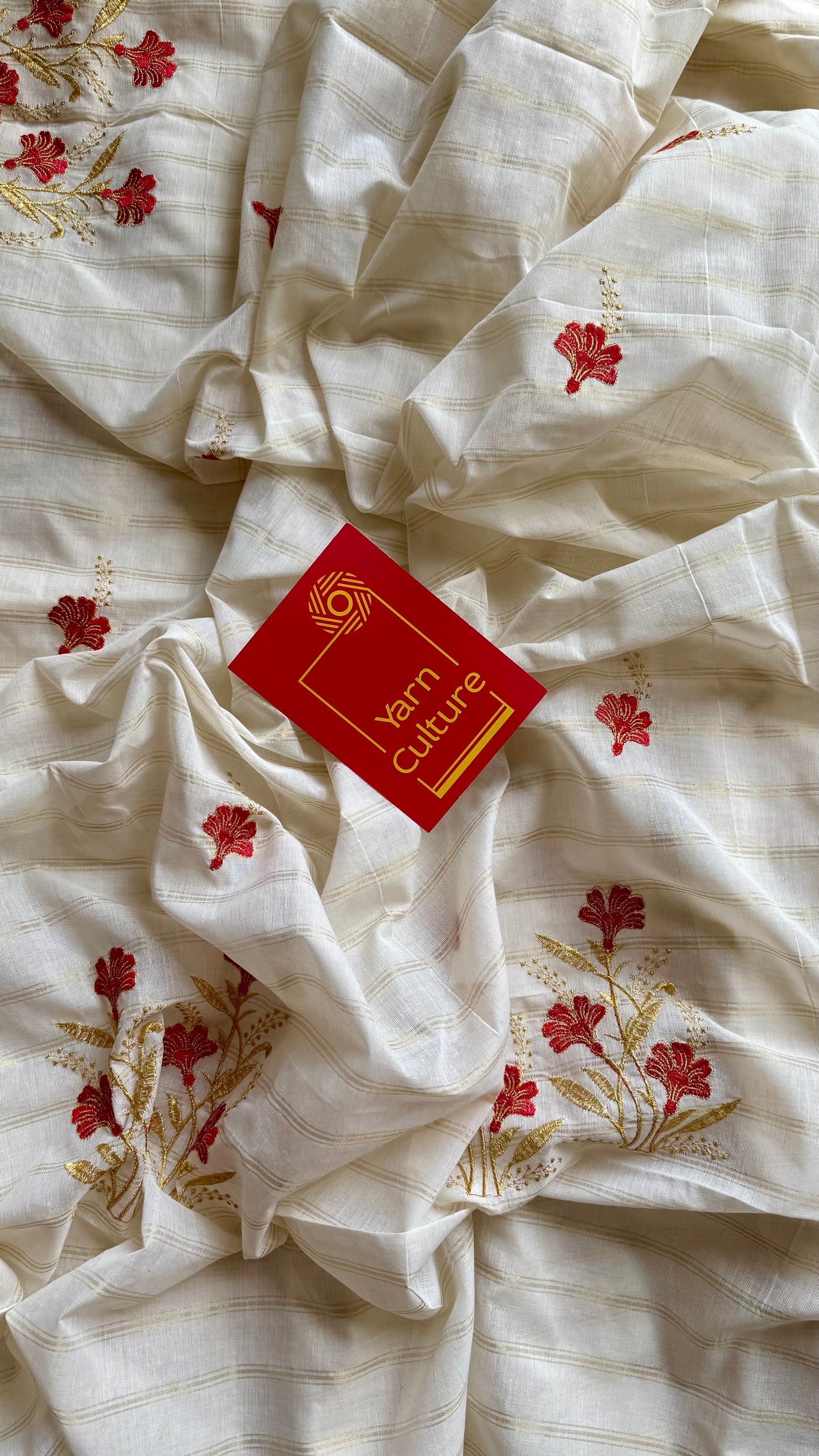 Ivory and gold soft cotton saree, red floral embroidery  - YCIEON52