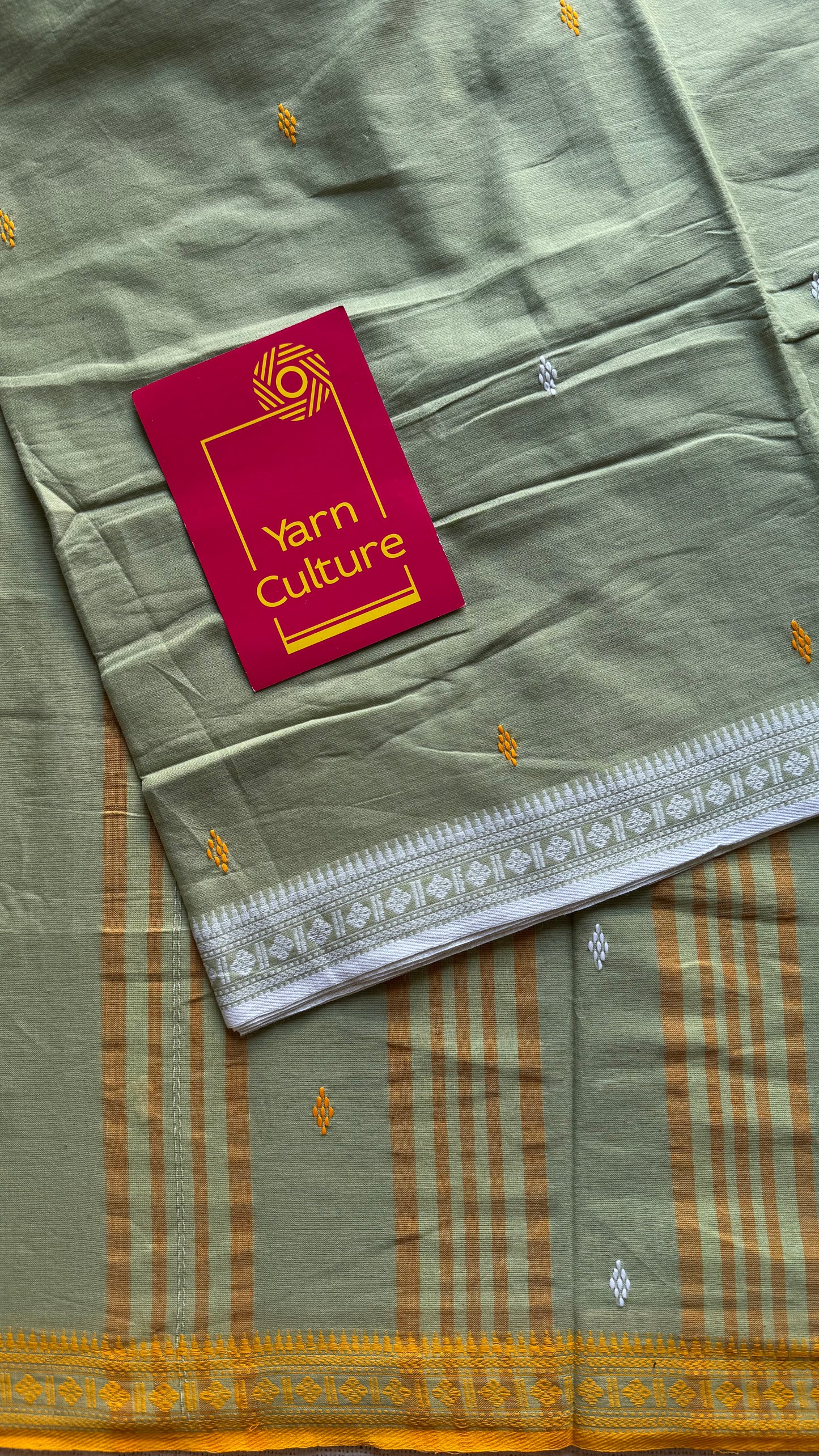 Dhonekhali handloom soft cotton saree, sage green with yellow and white woven buttas and border - YCBCDFE260