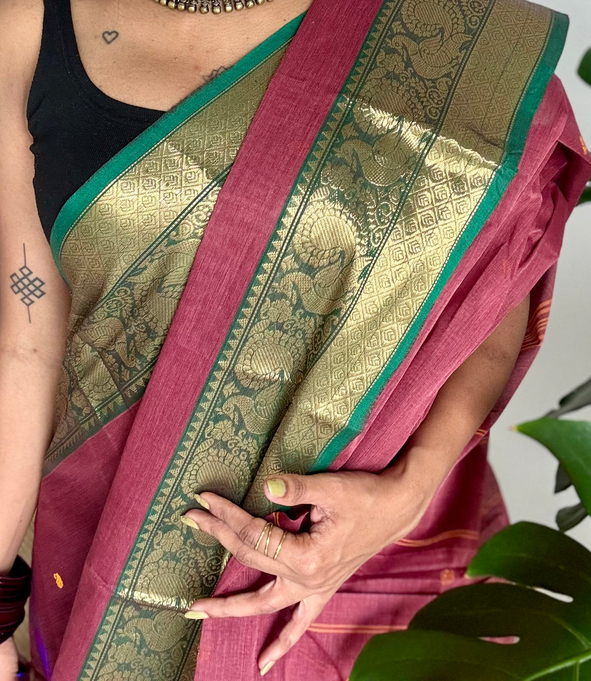 Terracotta red with green zari border kanchi cotton saree - YCCOTNCKSE18