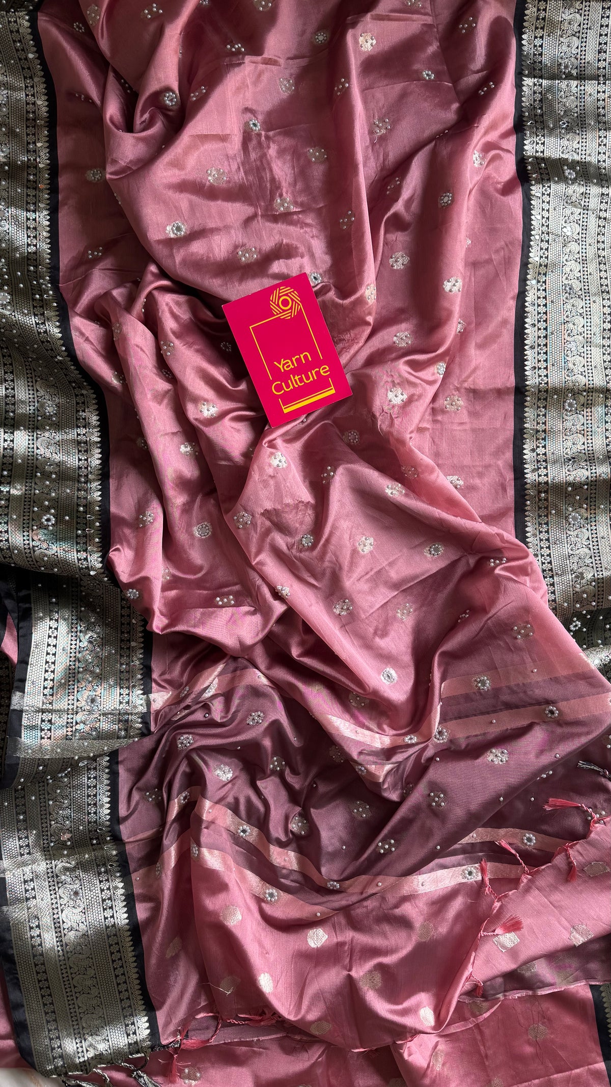 Dusty pink with black silver zari Banarasi semi-katan silk saree with pearl embellishments - YCBLTOC92