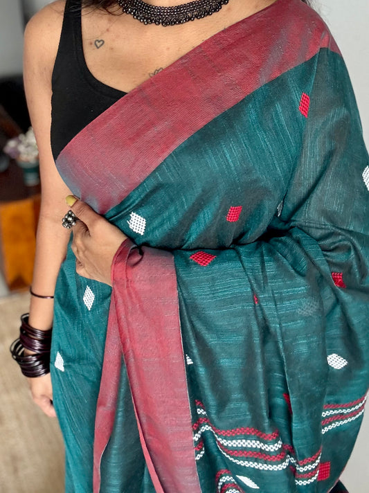 Peacock green with burnt red, soft khadi cotton with woven motifs - YCBCKCDE27