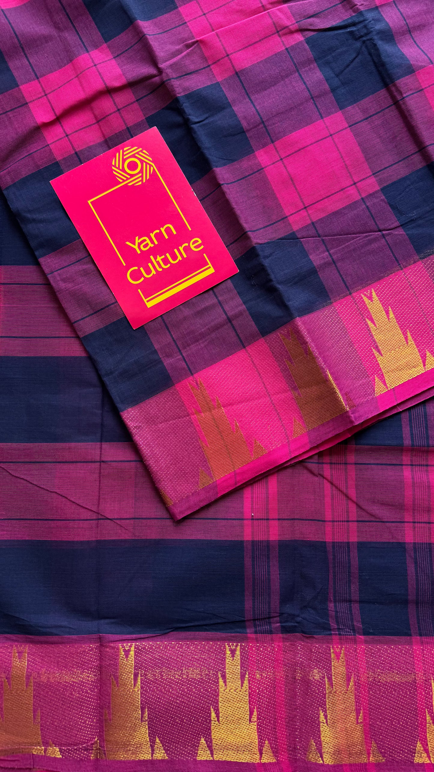Chettinad cotton saree with pink and navy checks, temple motif border - YCCOTNAP58
