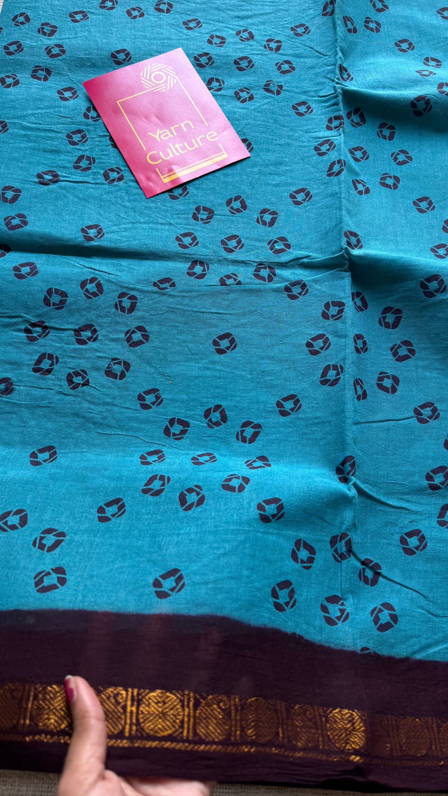 Blue with brown, printed sungudi, madurai cotton - YCCOTNOCSC16