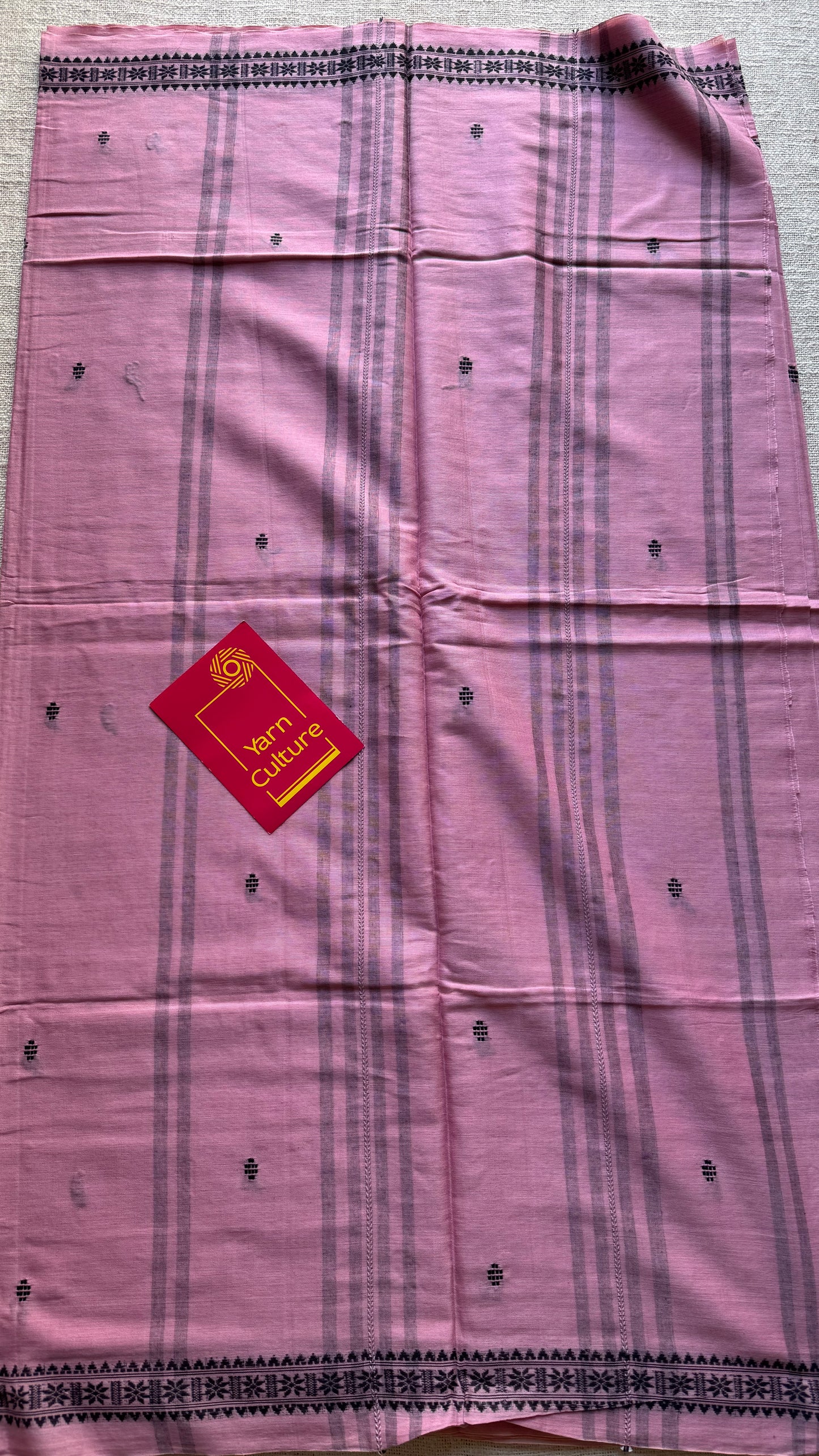 Dhonekhali handloom soft cotton saree, powder pink with black woven buttas and border - YCBCDFE249