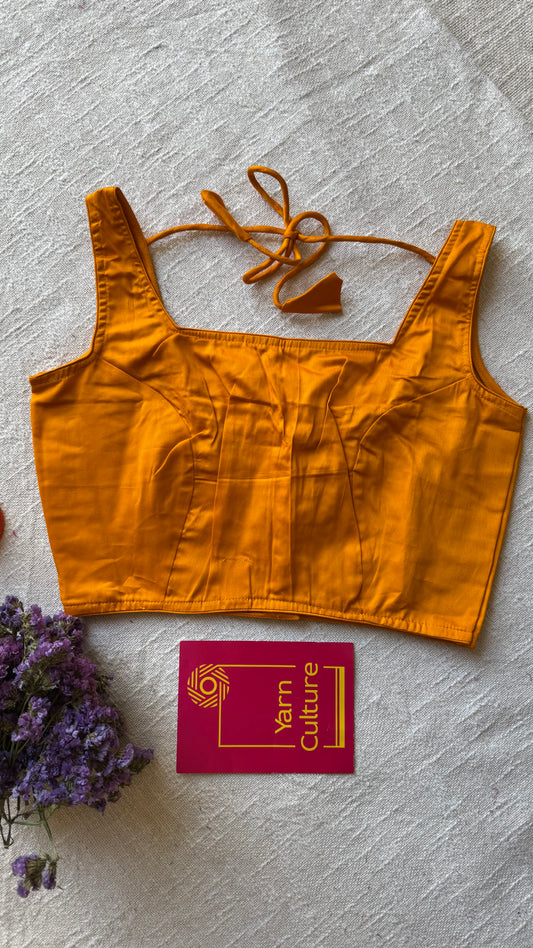 Mustard yellow sleeveless cotton silk stitched blouse, back open, non-padded - YCSESB75