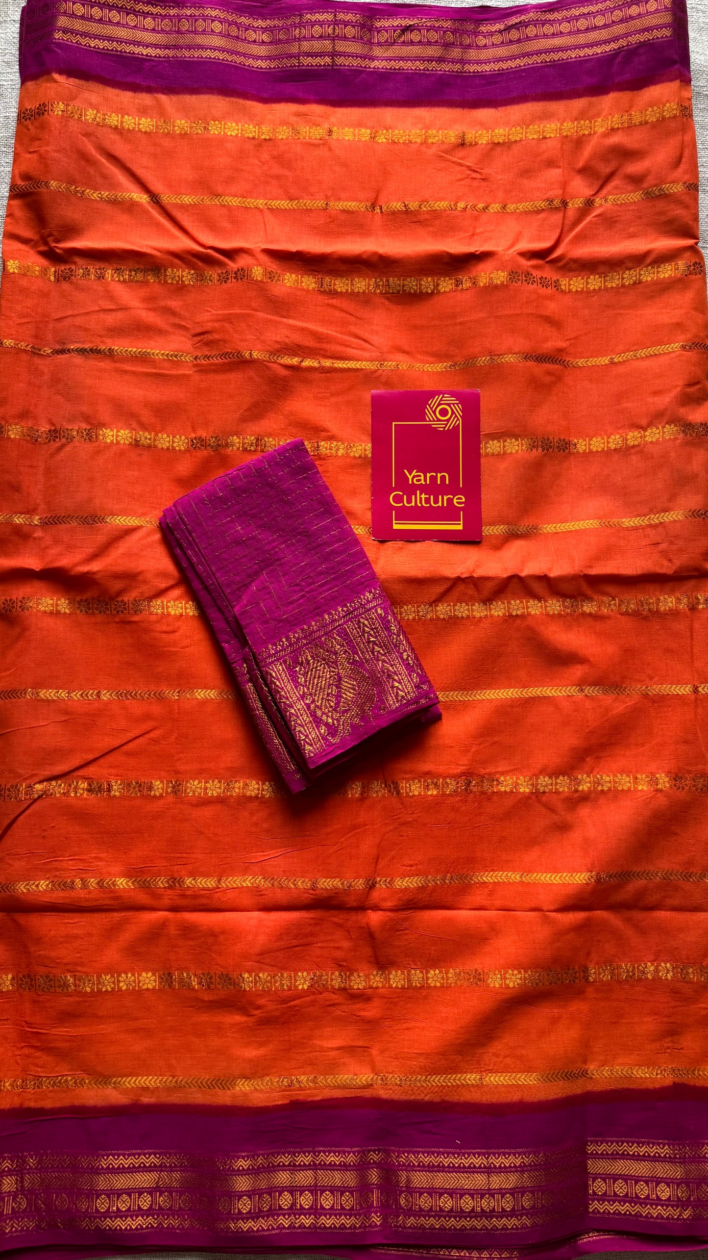 Bright orange with magenta patterned veldhaari, kattuchayam dyed, madurai cotton - YCCOTNSEMS93