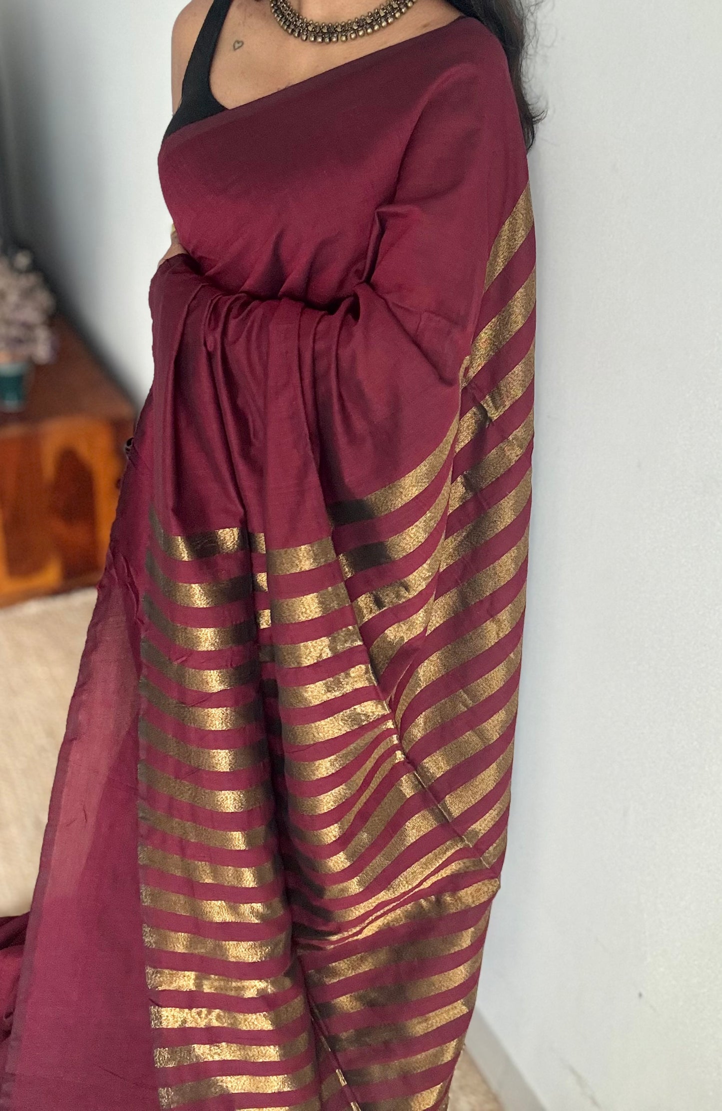 Maroon khadi with antique gold pallu - YCBCKZPSE05