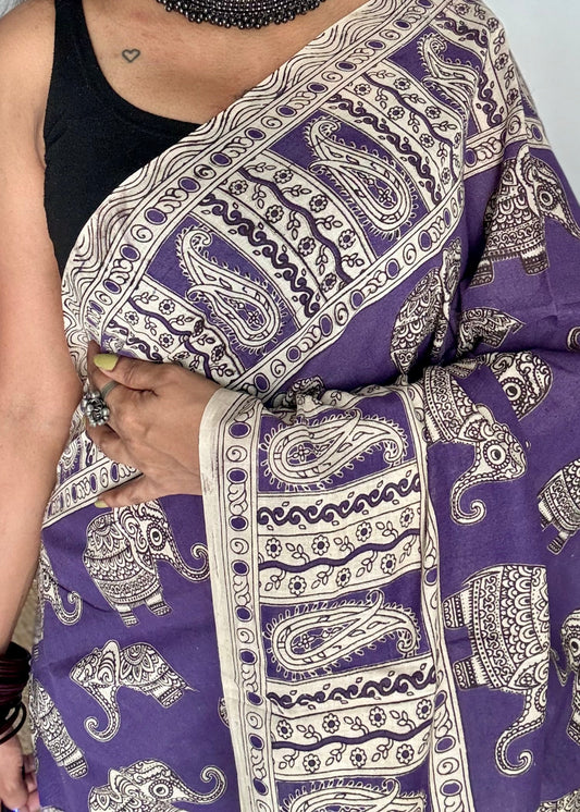 Purple kalamkari saree, elephant motifs, soft cotton - YCWOTDMA351