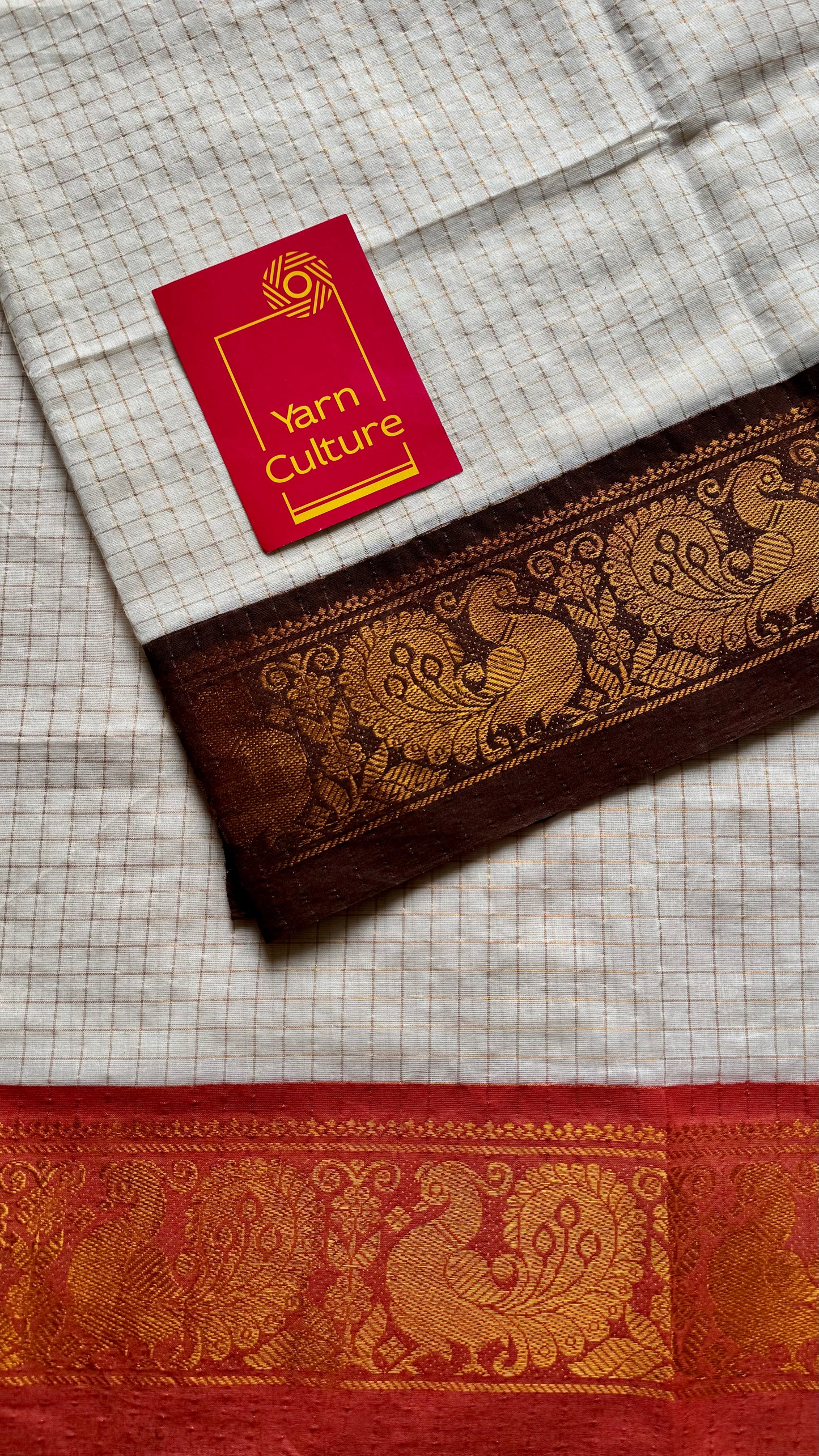 Namita : Kanakambaram - Sungudi checks, ivory gold base, brown and orange dual tone border, soft cotton - YCIEON160