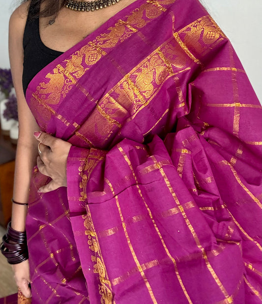 Purple pink (vadamalli) pavithra kattam with motif double border, kattuchayam dyed madurai cotton saree - YCCOTNMSAP179