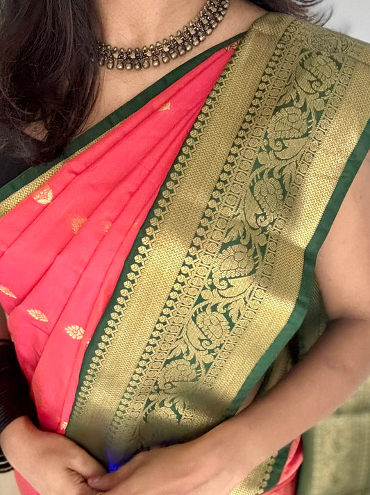 Kavini - peach with dark green, handloom korvai semi silk - YCCOTNFEJUKS01