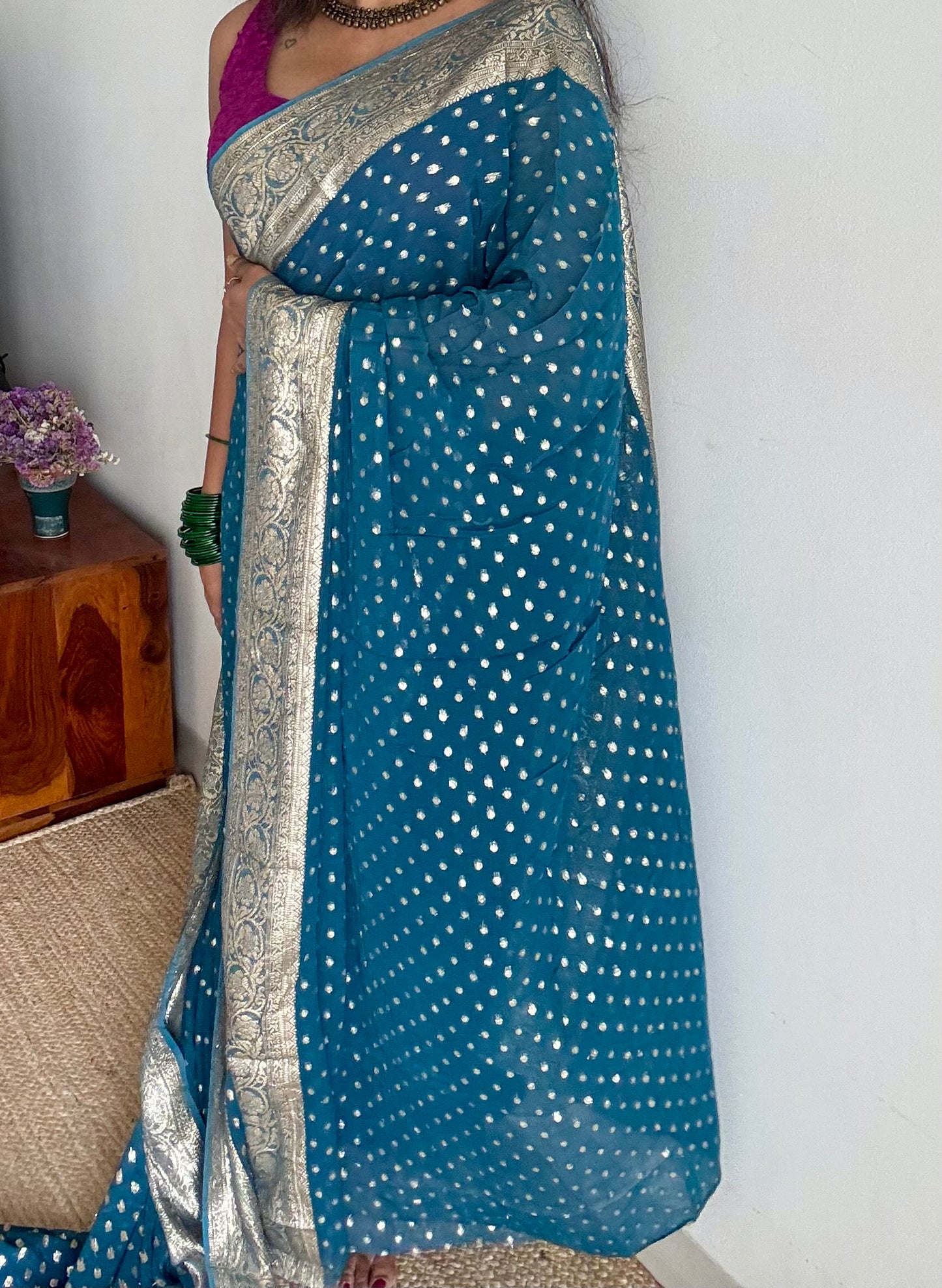 Peacock blue viscose georgette saree with zari motifs - YCDOSFE209