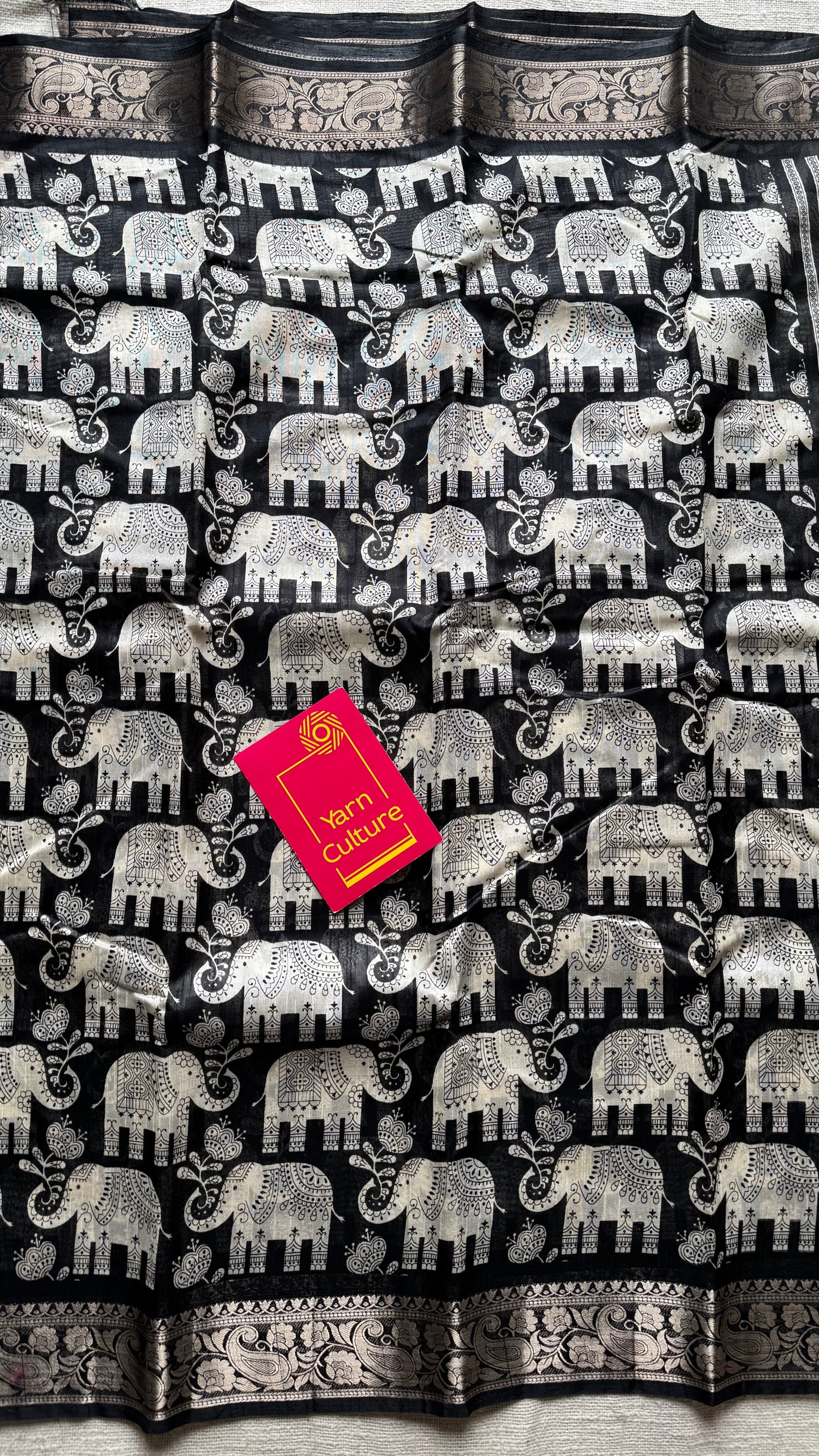 Black and white, printed kalamkari, elephant motif, semi-tussar - YCWOTDSTK04