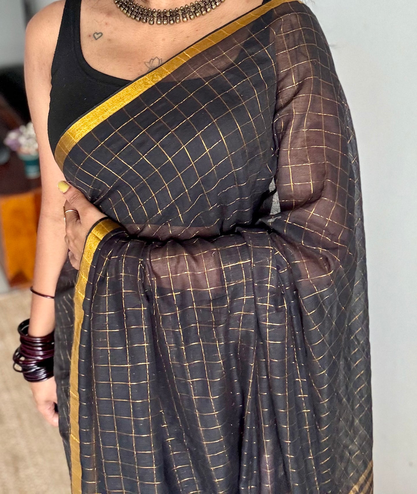 Black mul with gold checks and zari border - YCBCMCDE20