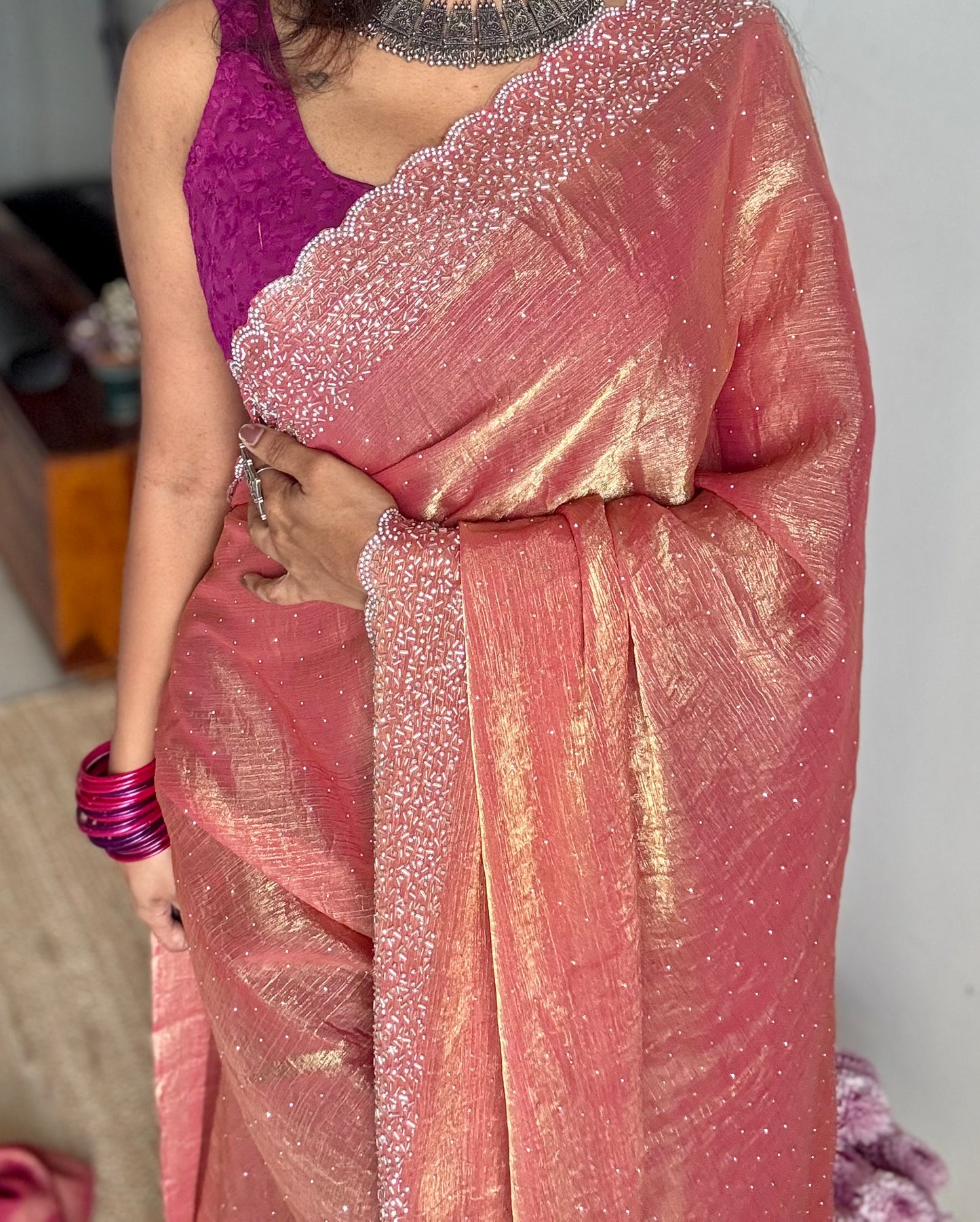 Peach Pink - peach pink dual tone space silk, jarkhan stone work - YCDOSNO35