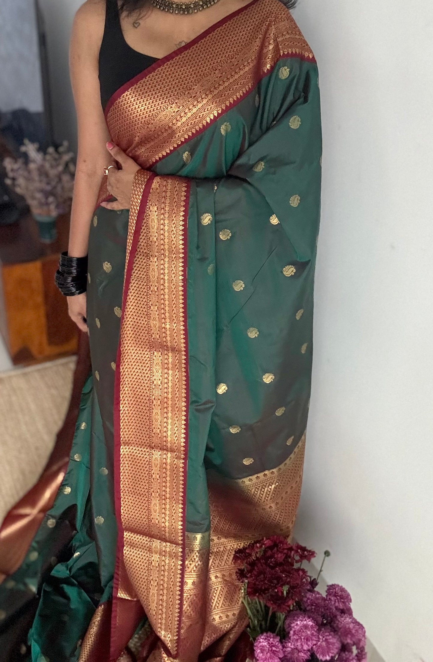 Harini - Emerald green with maroon, handloom korvai semi silk - YCCOTNFEJUKS07