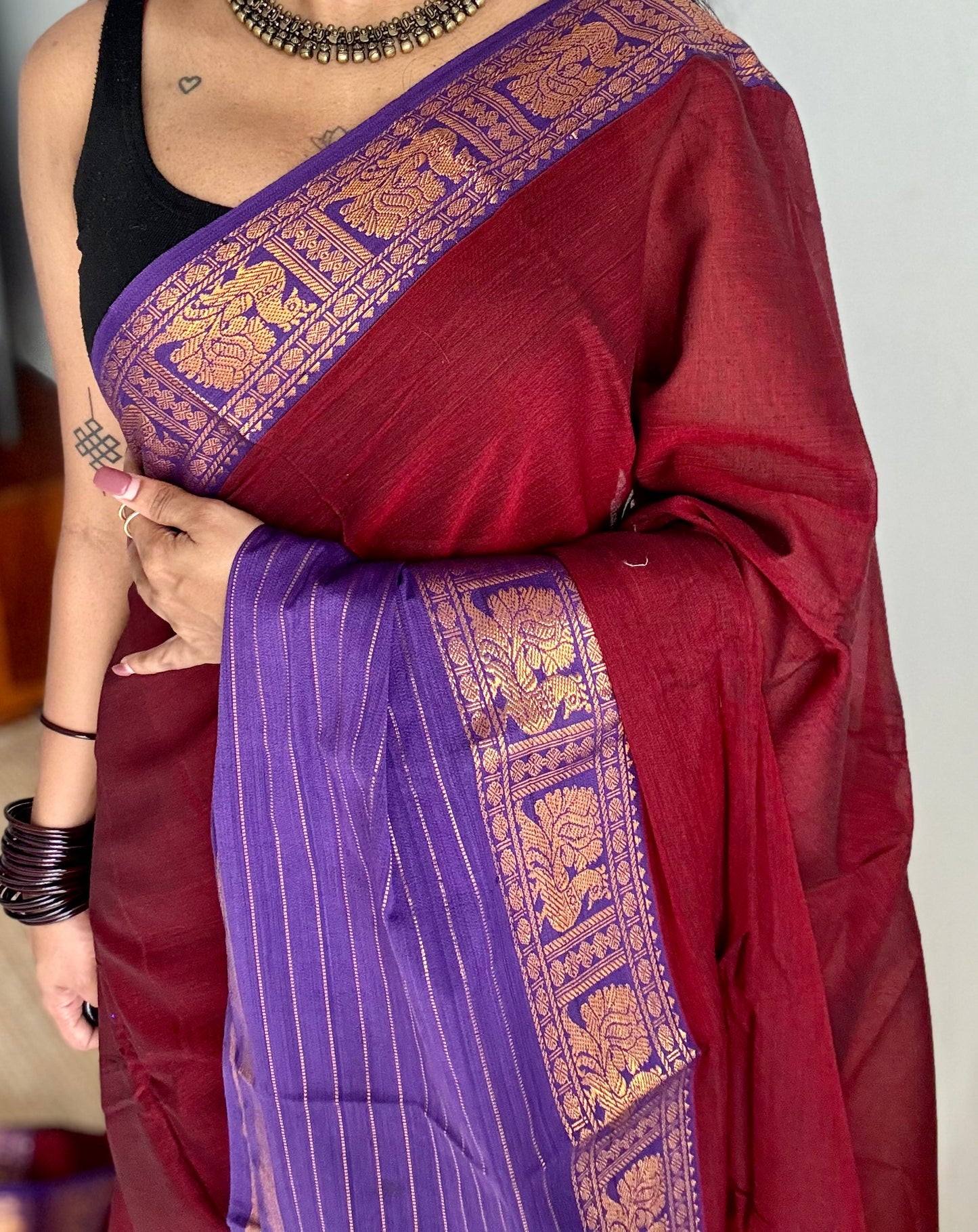 Maroon with violet border, narayanpet soft cotton saree - YCWOTDAUG10