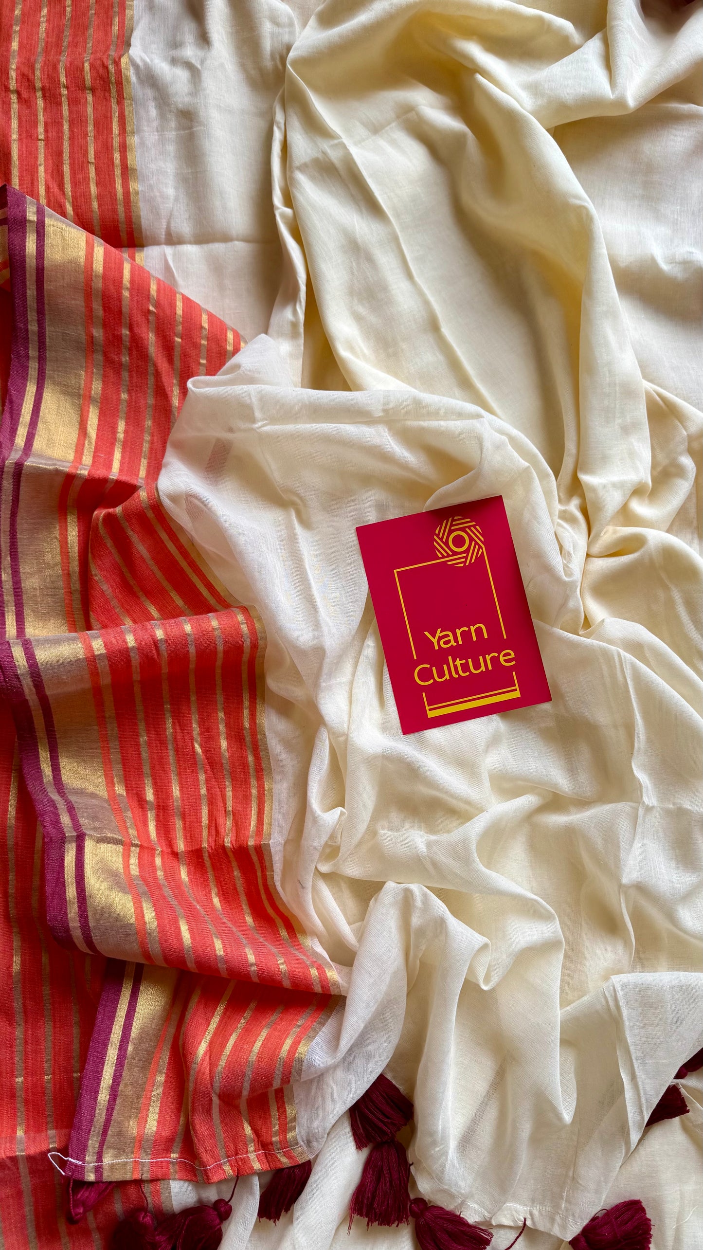 Ivory mul saree, orange with maroon striped border - YCIEON13