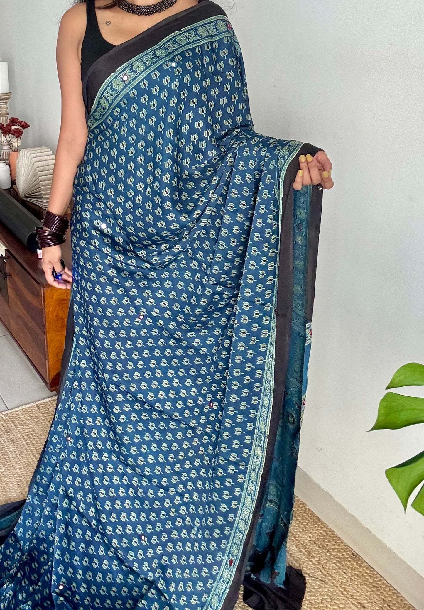 Indigo pure modal silk saree with ajrakh handblock print and mirror work - YCTOKAJM339