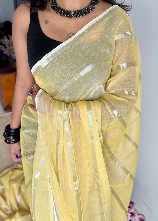 Butterscotch swirl - pastel yellow with silver zari stripes, mul cotton - YCBCJULMS03