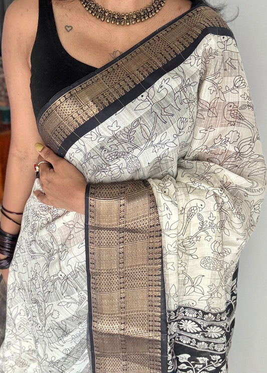 Off white and black, printed kalamkari, semi-tussar - YCWOTDSTK10