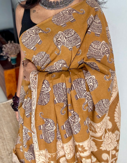 Light brown kalamkari, elephant motifs, soft cotton - YCWOTDOCMP83