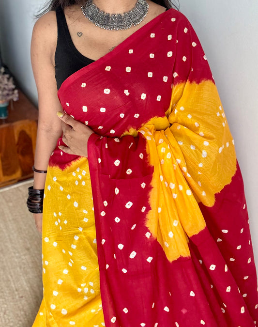 Yellow with red Sungudi/Bandhani, soft cotton - YCCOTNSEMS76